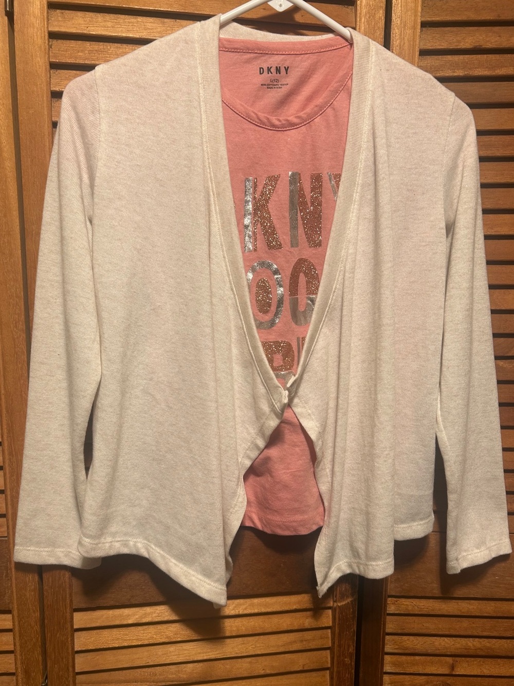 DKNY Cream Open-Front Cardigan with Pink Tee Shirt